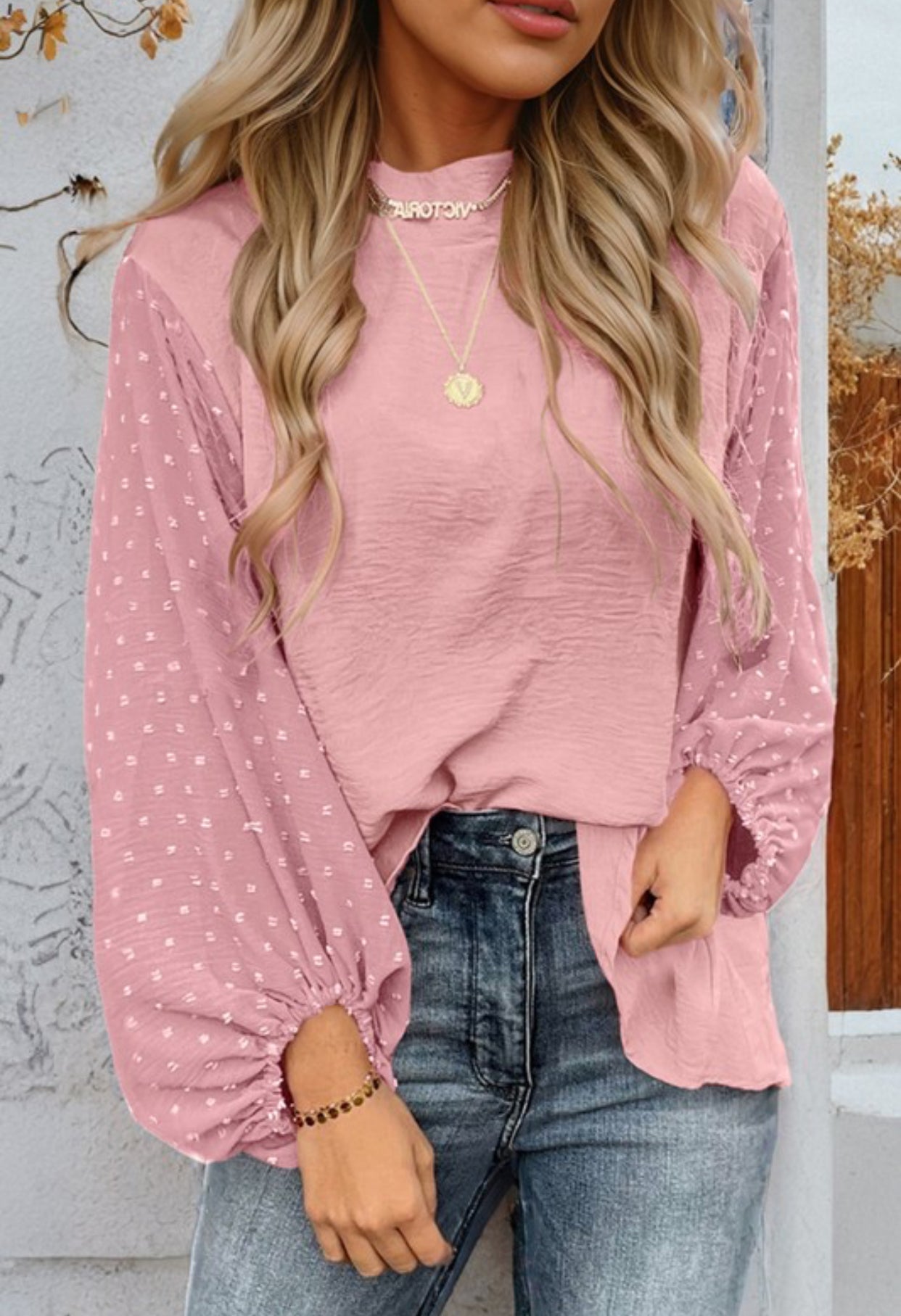 Rose Swiss Dot Balloon Sleeve Top