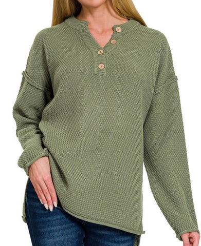 Salem Knit Button Henley Sweater Light Olive