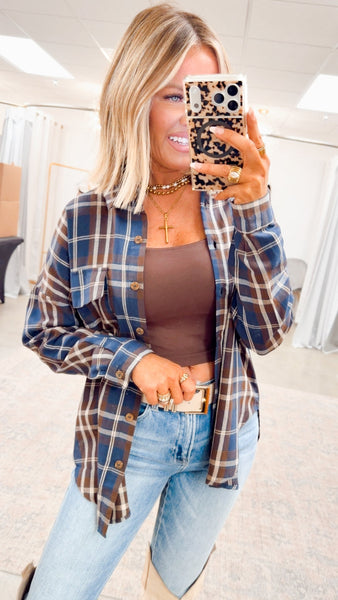 Flannel Plaid Button Down Blue Mix