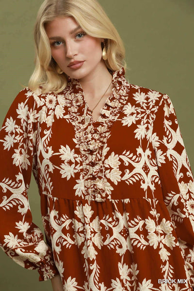 UMGEE Cameron Border Print Maxi Dress Brick