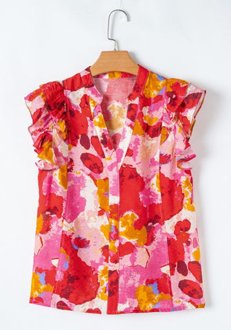 Sunset Ruffle Sleeve Abstract Top