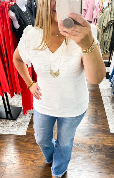 Carson White Textured Petal Sleeve V Neck Top