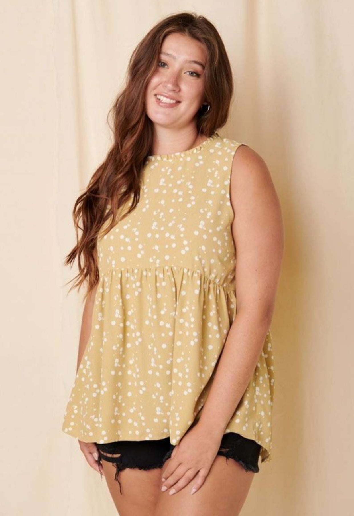 Splash Dot Ruffle Mock Neck Top Honey