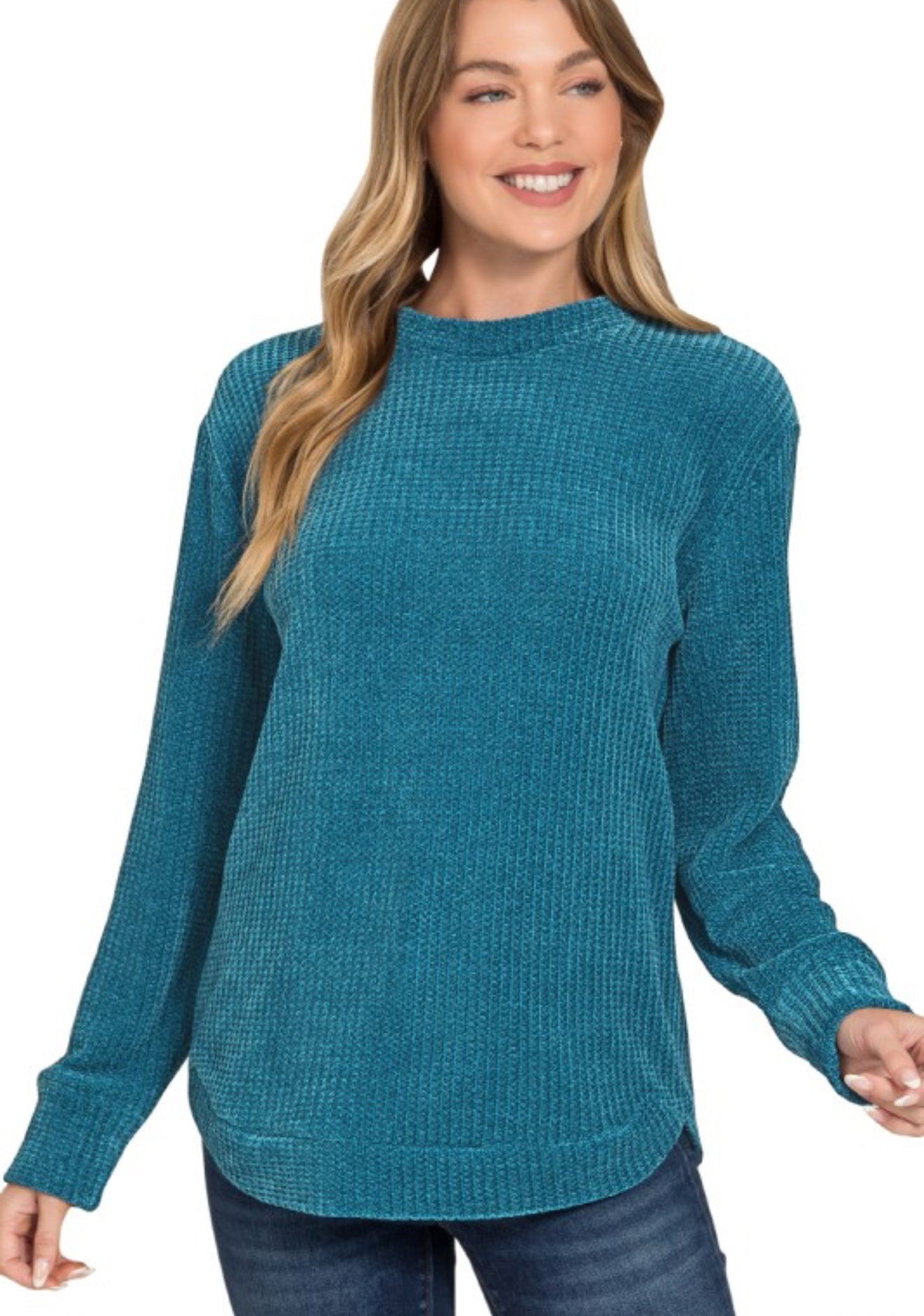 Chenille Waffle Knit Crew Sweater Teal
