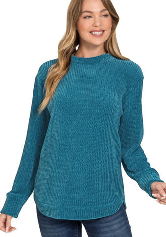 Chenille Waffle Knit Crew Sweater Teal