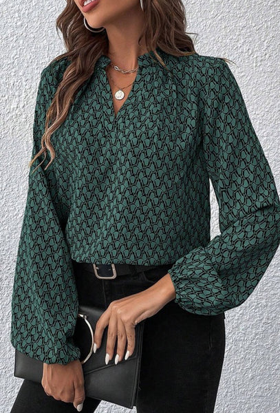 Dark Green Geo Print Top