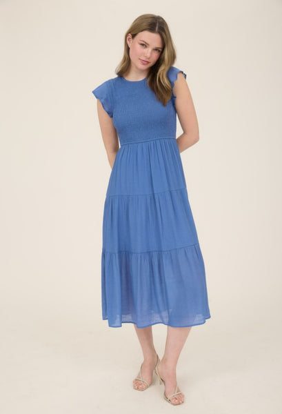 Solid Crew Neck Flutter Sleeve Midi Dress Blue