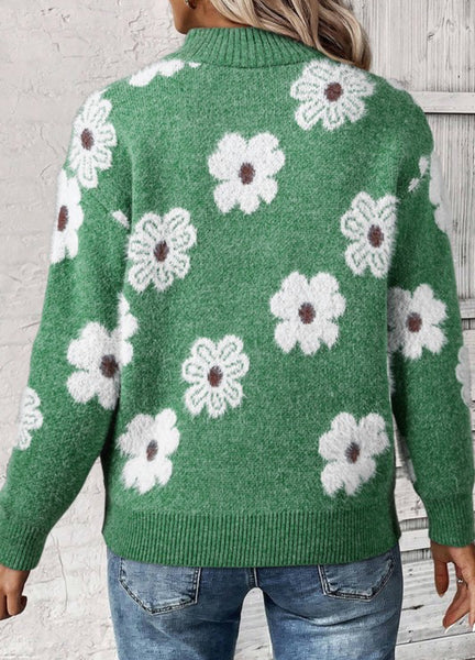 Green Floral Half Zip Sweater Pullover