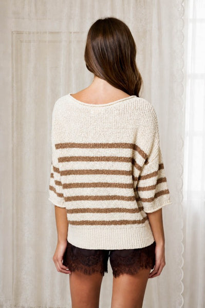 Stripe Knit Half Sleeve Sweater Mocha