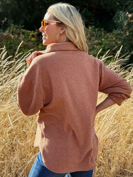 Cozy Brushed Waffle Shacket Rust