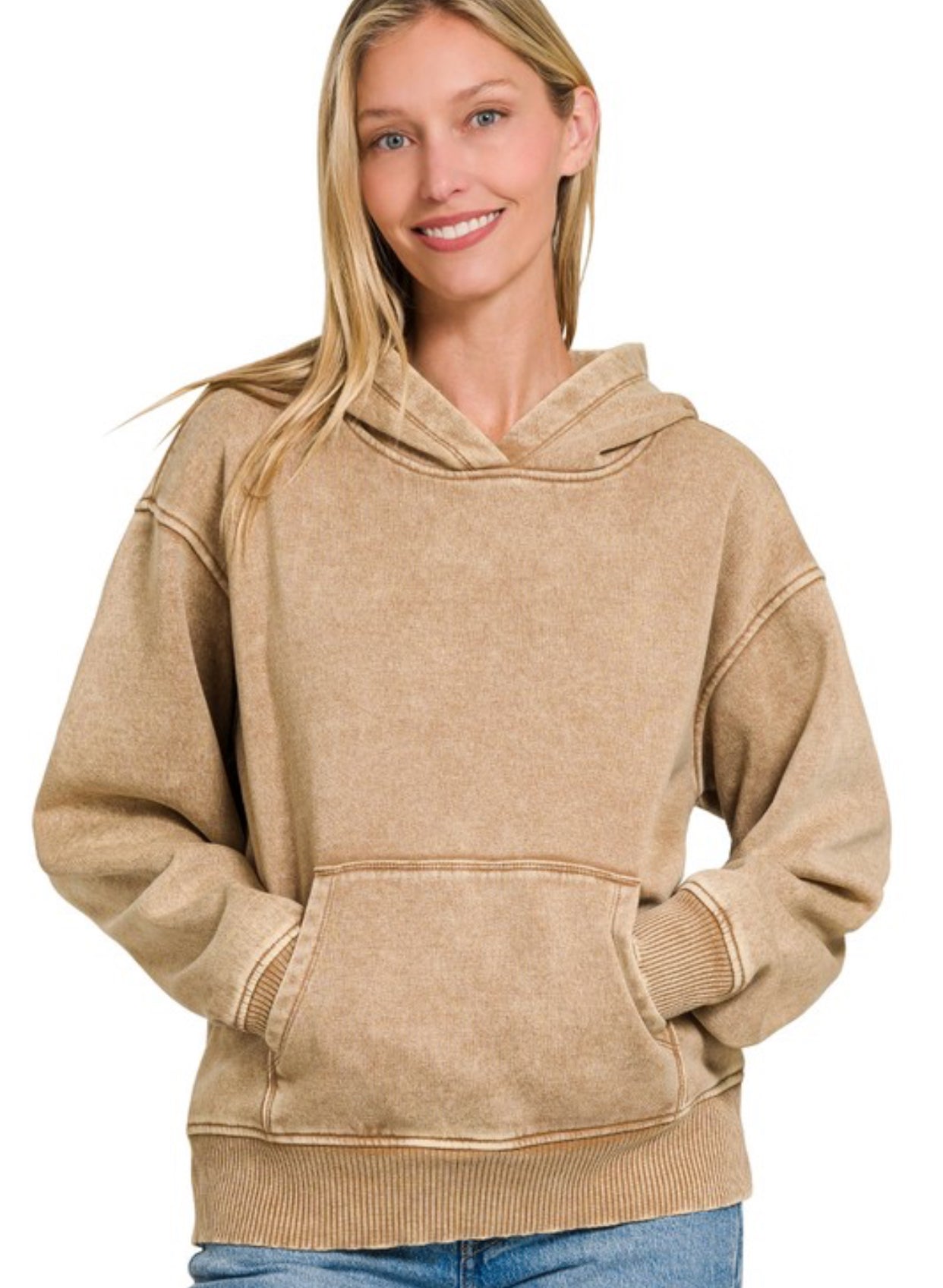 Acid Wash Fleece Lined Pocket Hoodie Camel