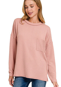 Ribbed Knit Solid Basic Top Rose