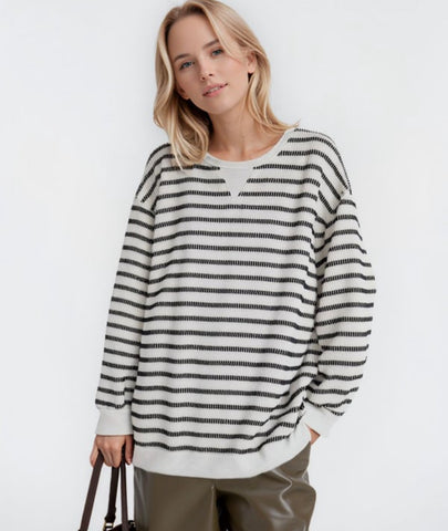 Stripe Henley Pullover Ivory Black