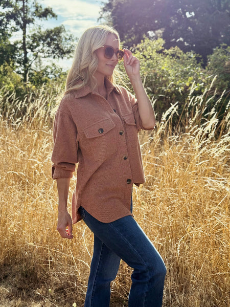 Cozy Brushed Waffle Shacket Rust