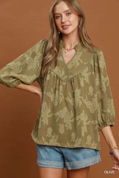 UMGEE Floral Textured Top Olive