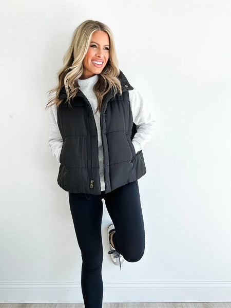 Solid Zip Up Puffer Vest Black