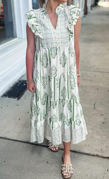 UMGEE Border Print Smocked Maxi Dress Sage Mix