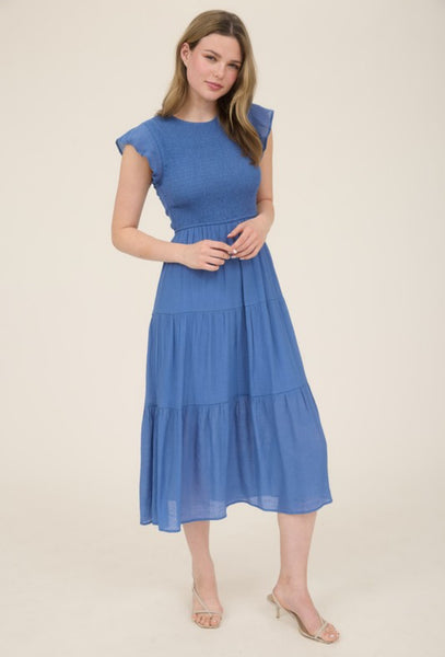 Solid Crew Neck Flutter Sleeve Midi Dress Blue