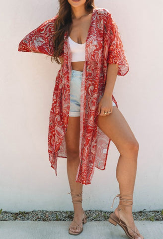 Boho Print Cardigan Duster Kimono Rust