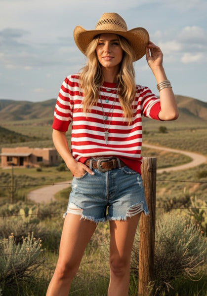 Red Stripe Knit Sweater Top