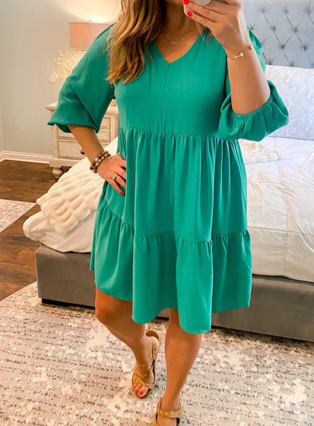 UMGEE V Neck 3/4 Sleeve Tiered Dress Mint