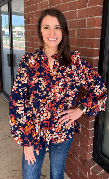 Midnight Blue Floral Ruffle Collar Top