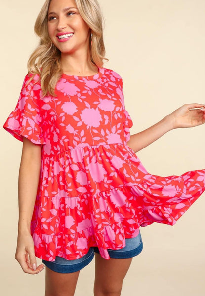 Coral & Pink Floral Peplum Ruffle Top