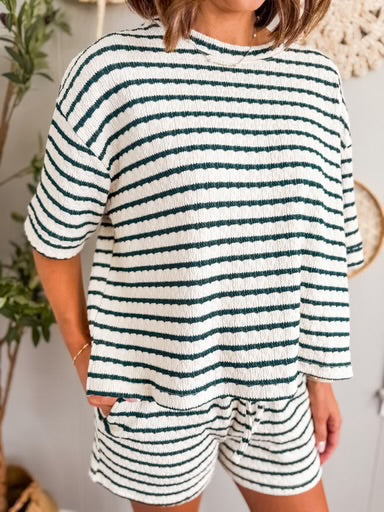 2PC Textured Stripe Shorts Set Black