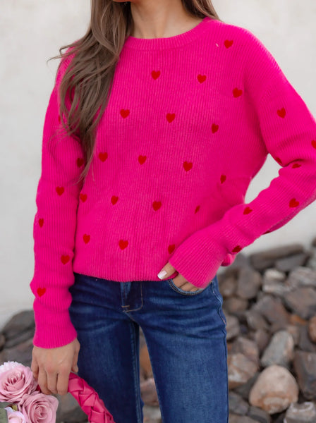 Hot Pink Embroidered Heart Print Sweater