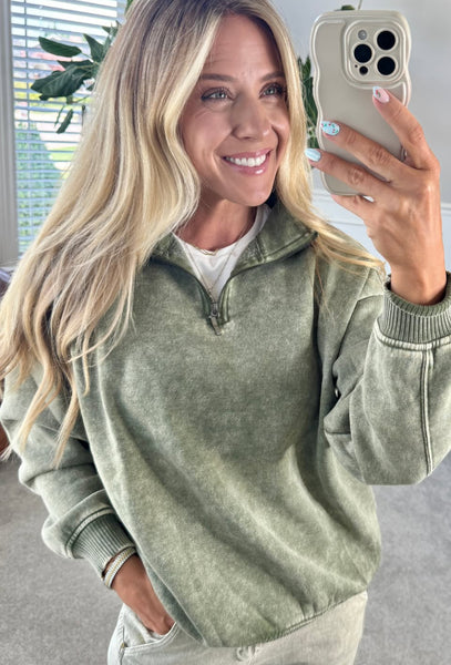 Acid Wash Sweatshirt Pullover Light Olive