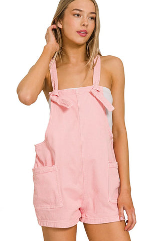 Washed Jumpsuit Knotted Short Overalls Pink