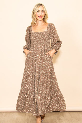 Mocha Square Neckline Vintage Floral Dress