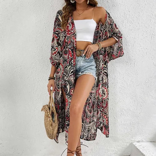 Boho Print Cardigan Duster Kimono Black