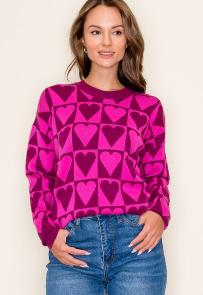 Magenta Fuchsia Checkered Heart Sweater