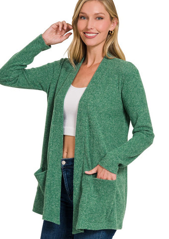 Ribbed Knit Open Front Cardigan Green