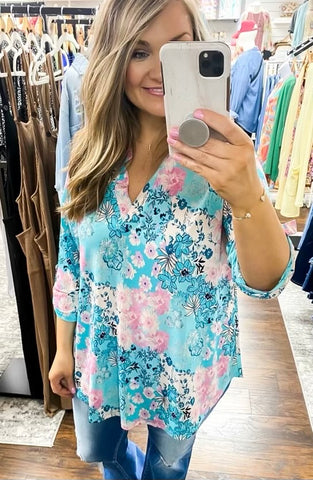 Lizzy Top Teal Turquouse Floral