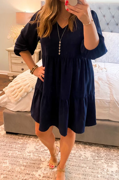 UMGEE V Neck 3/4 Sleeve Tiered Dress Navy