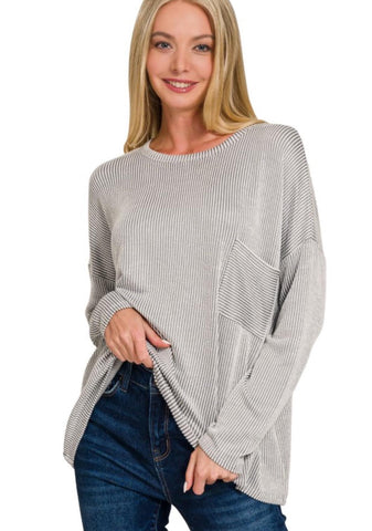 Ribbed Striped Long Sleeve Top Dark Grey