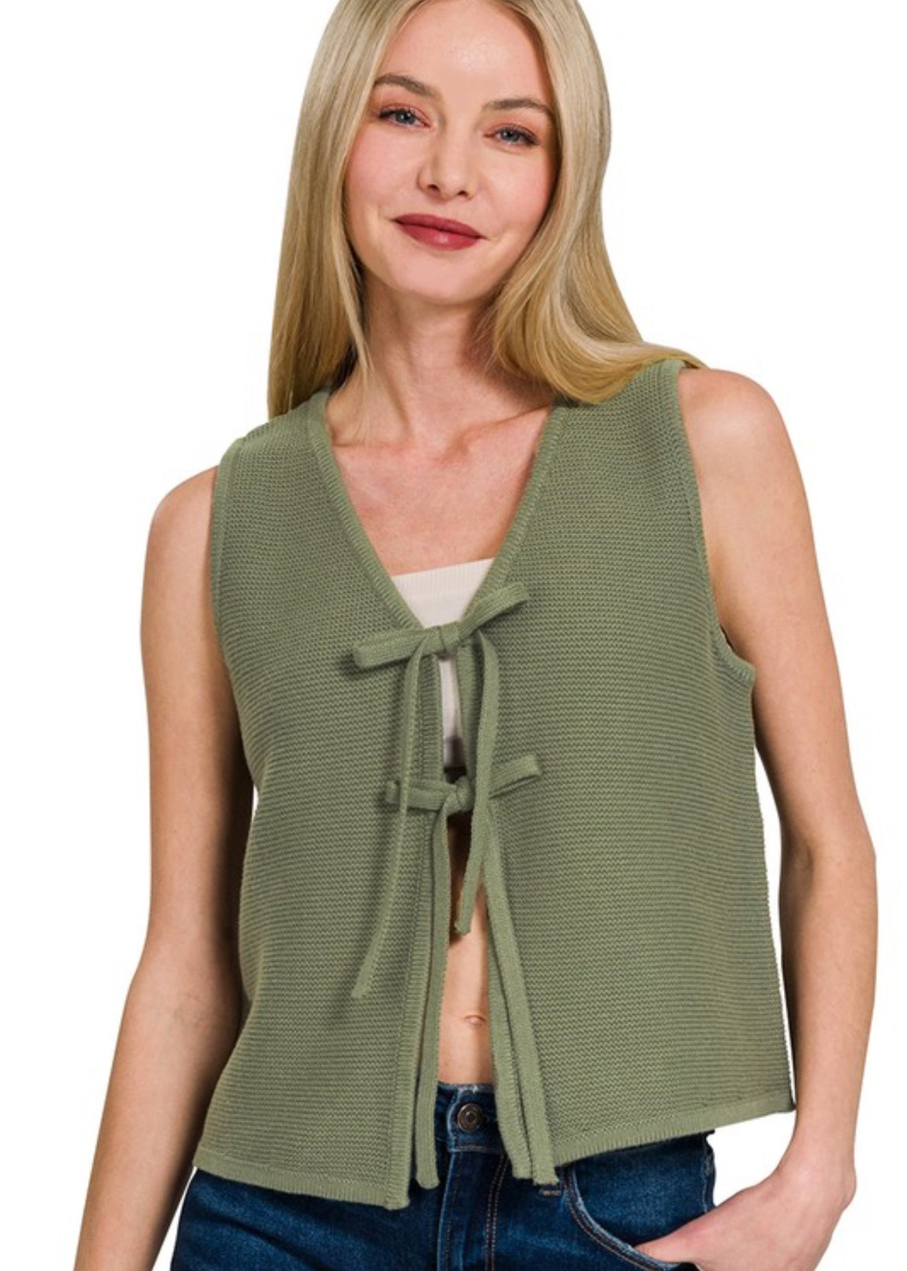 Tie Front Sweater Vest Olive