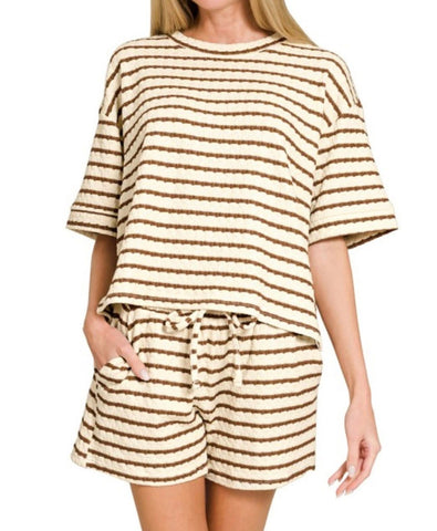 2PC Textured Stripe Shorts Set Mocha
