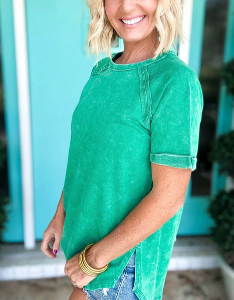 Curved Hem Acid Wash Tee Green