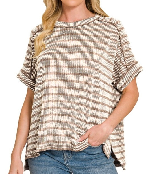 Stripe Two Tone Textured Top Coffee