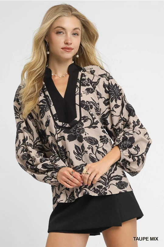 UMGEE Taupe Black Floral Top