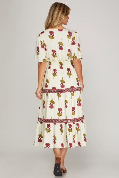 Magenta Floral Print Midi Dress