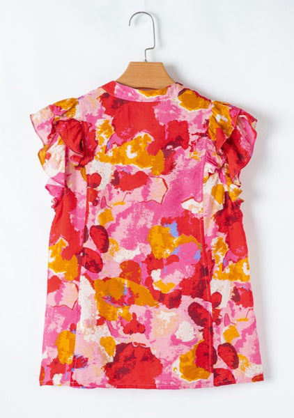 Sunset Ruffle Sleeve Abstract Top