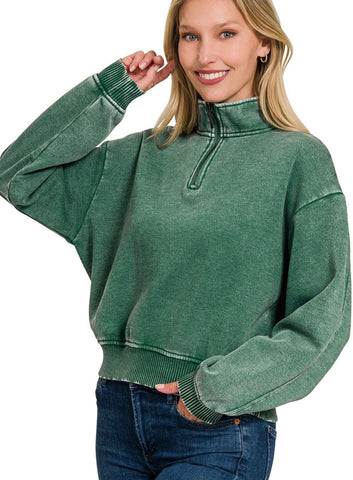 Acid Wash Sweatshirt Pullover Dark Green