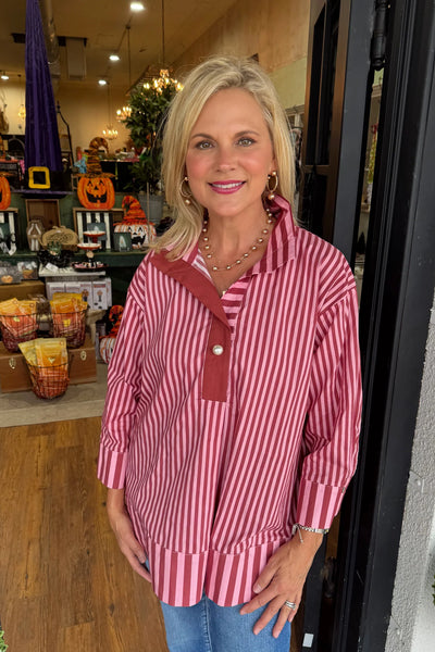Brooke Stripe Collared Top Dark Red Mix