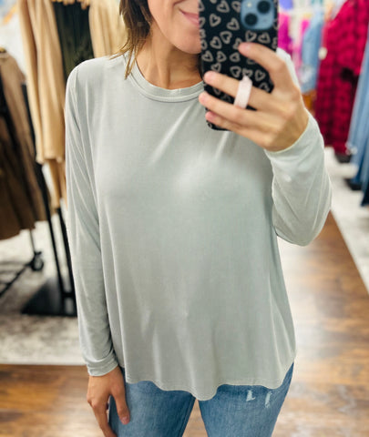 Washed Ribbed Long Sleeve Top Grey