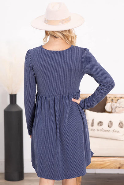 Urban Ribbed Knit Babydoll Dress Dark Blue