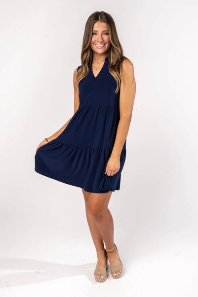 Solid Tank Ruffle Tiered Dress Navy